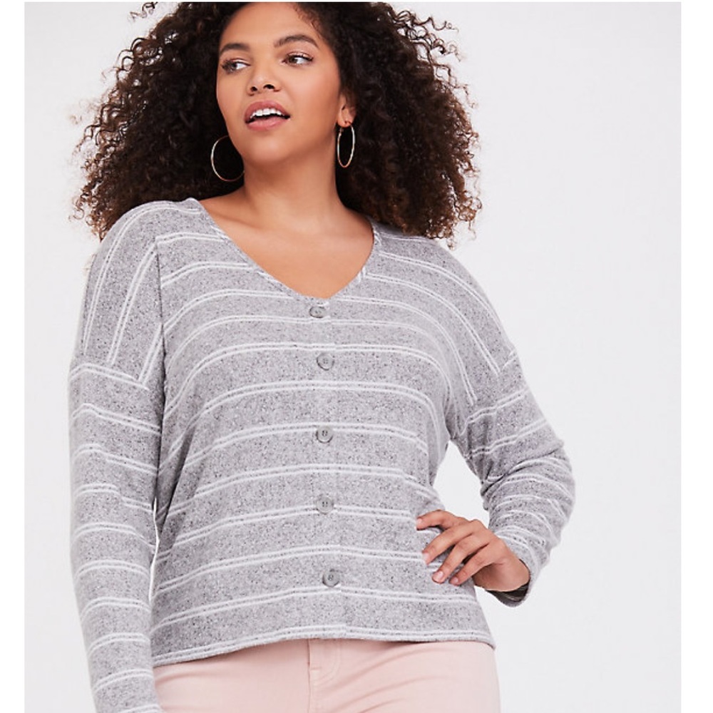 Torrid Grey White Stripe Button Front Long Sleeve… - image 1